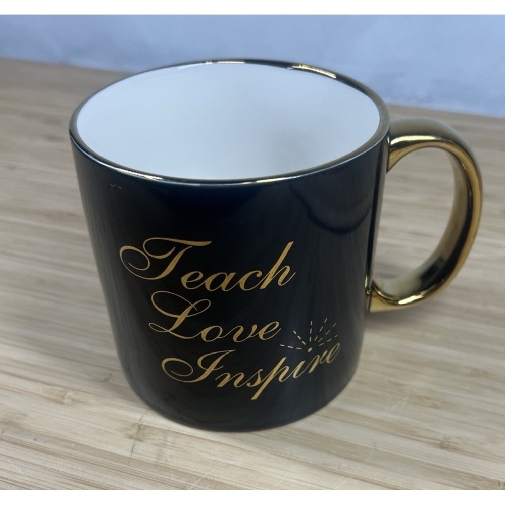 NEW‎ Bilberry Lane "Teach Love Inspire" Black & Gold Ceramic Coffee Mug